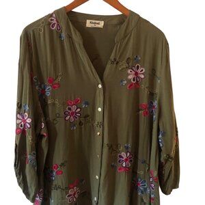 Women's Plus Size Kindred Olive Embroidered Peasant Blouse Top Size 2X